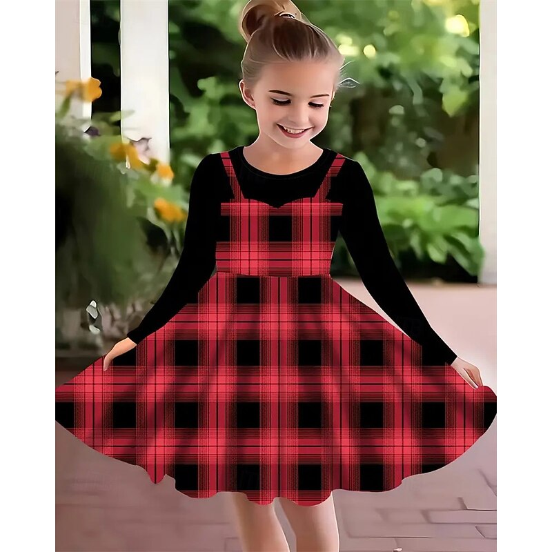 Girls' 3D Plaid Dress Long Sleeve Summer Spring Vacation Daily Holiday Princess Beautiful Sweet Kids 4-12 Years Casual Dress A Line Dress Knee-length Regular Fit