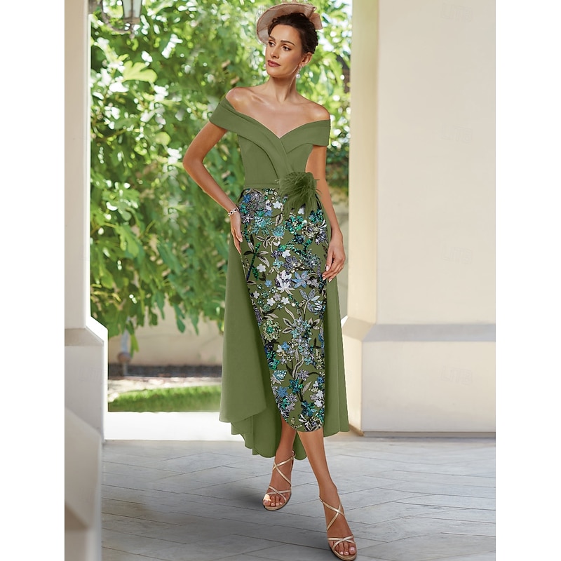 Column Embroidered Cocktail Dresses Vintage Formal Wedding Guest Ankle Length Short Sleeve Off Shoulder Convertible Stretch Crepe with Slit