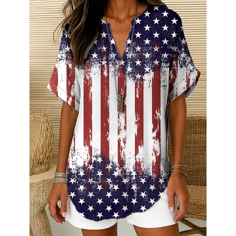 Women's Patriotic  Blouse Ombre Heart Flag Elegant Daily Stylish Short Sleeve V Neck Notched Neck Regular Tops Work Daily Holiday White Red Blue Summer3