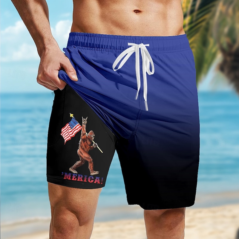 Independence Day Men's US Flag Patriotic Lined Shorts 2 in 1 Board Shorts Swim Trunks Mid Waist Holiday Side Pockets With Compression Liner Elastic Drawstring Waist Designer Clothing Apparel2