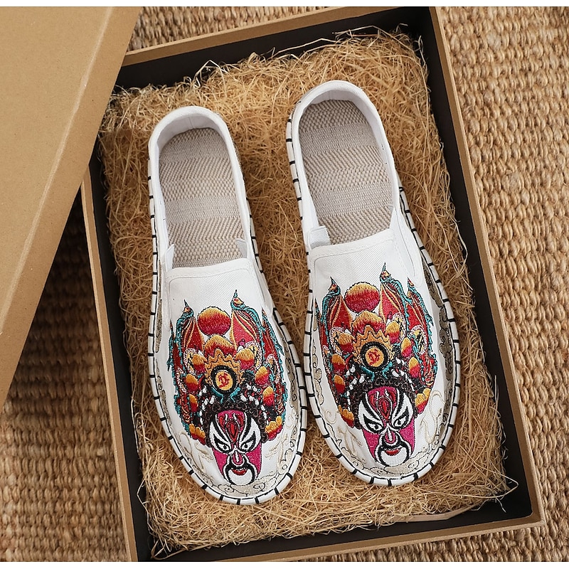 Men's White Espadrille Slip-On Shoes with Colorful Embroidery - Unique Artistic Design for Fashion-Forward Men 2025 - $42.99