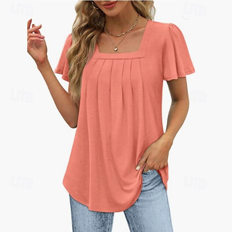 Women's Blouse Summer Tops Solid Color Elegant Stylish Basic Short Sleeve Square Neck Regular Tops Daily Ruched Black White Pink Blue Green Summer