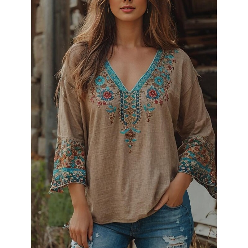 Women's Blouse Floral Graphic Paisley Bohemia Vintage Tropical 3/4 Length Sleeve V Neck Regular Tops Ruched Print Khaki Summer Spring