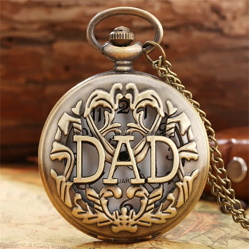 Vintage Bronze Pocket Watch for Dad Quartz Movement with Chain, Engraved Gift for Father's Day