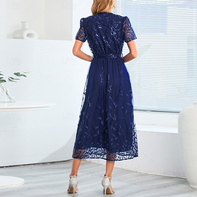 A-Line Sequin Dress Mother of the Bride Dress Elegant V Neck Floor Length Lace Short Sleeve with Sash / Ribbon Pleats4