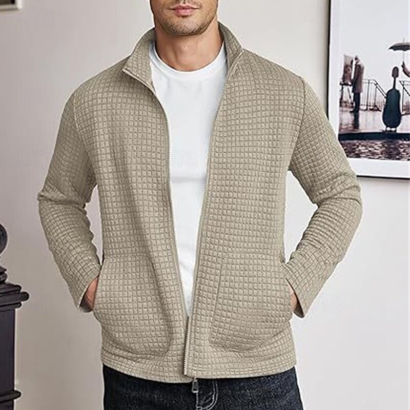 Men's Lightweight Jacket Waffle Jacket Casual Jacket Vacation Daily Warm Pocket Fall & Winter Plain Fashion Classic Stand Collar Regular Black White Wine Khaki Army Green Jacket4