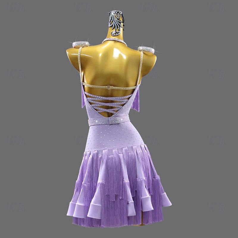 Latin Dance Dress Crystal / Rhinestone Tassel Splicing Women's Performance Training Sleeveless Chinlon Spandex2