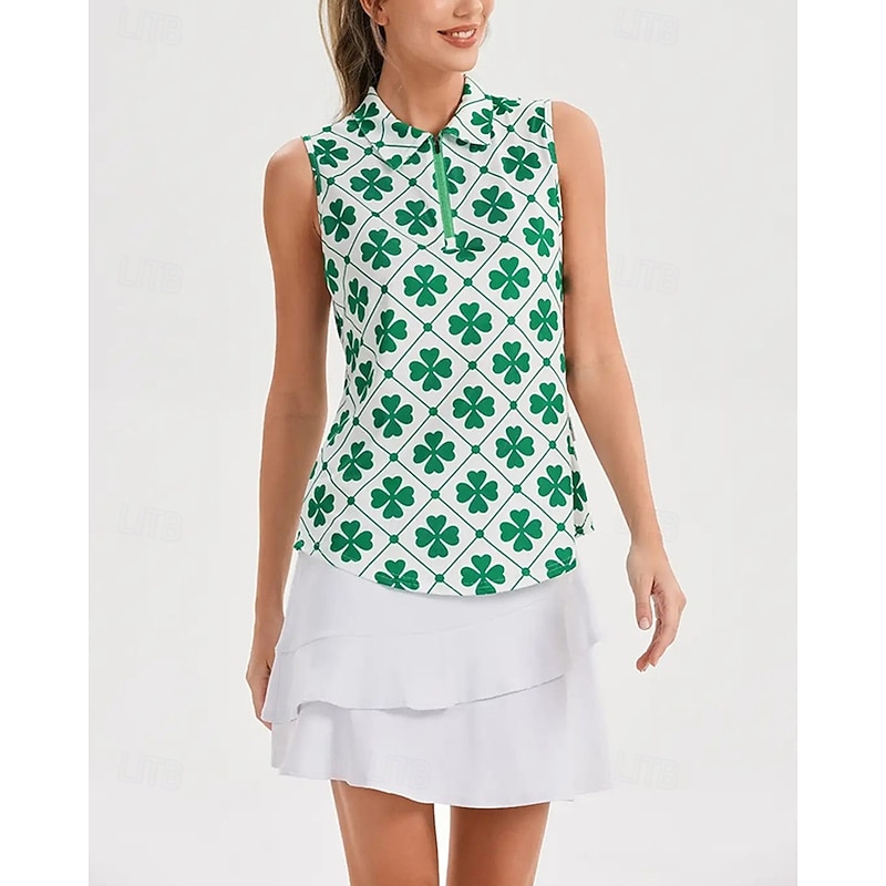 Women's Clover Sport Shirt Tennis Shirt Sleeveless Print UPF50+ Quick Dry Tennis Badminton Pickleball Zip Collar Tee Tshirt Top Green Tennis Clothing4