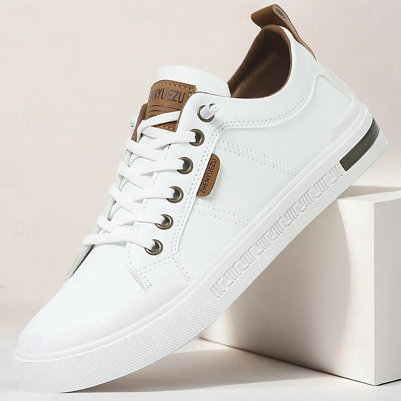 Men's Classic White Lace-up Sneakers with Logo Detailing - Casual, Comfortable, Suitable for Everyday Wear and Urban Adventures