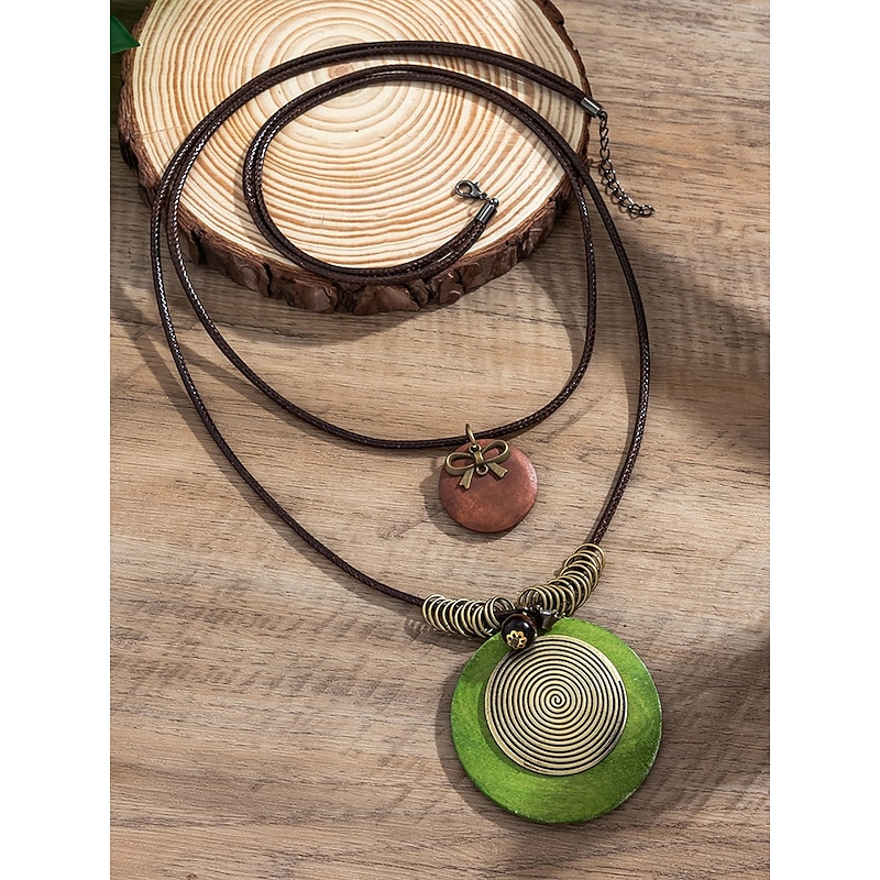Women's Boho Layered Wood Pendant Necklace – Handmade Natural Alloy Beads, Ethnic Spiral Design, Lightweight Statement Jewelry for Casual Outfits, Summer Parties & Beach Vacations4