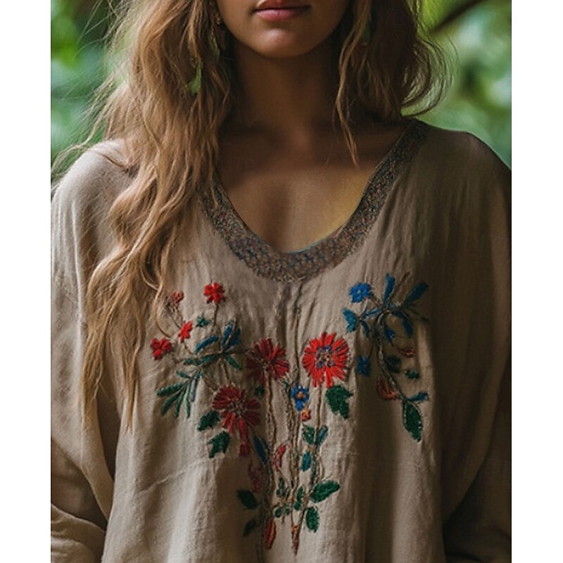 Women's Western Blouse Boho Shirt Blouse Flower Boho Long Sleeve V Neck Regular Tops Daily Going out Print Camel Khaki Summer4