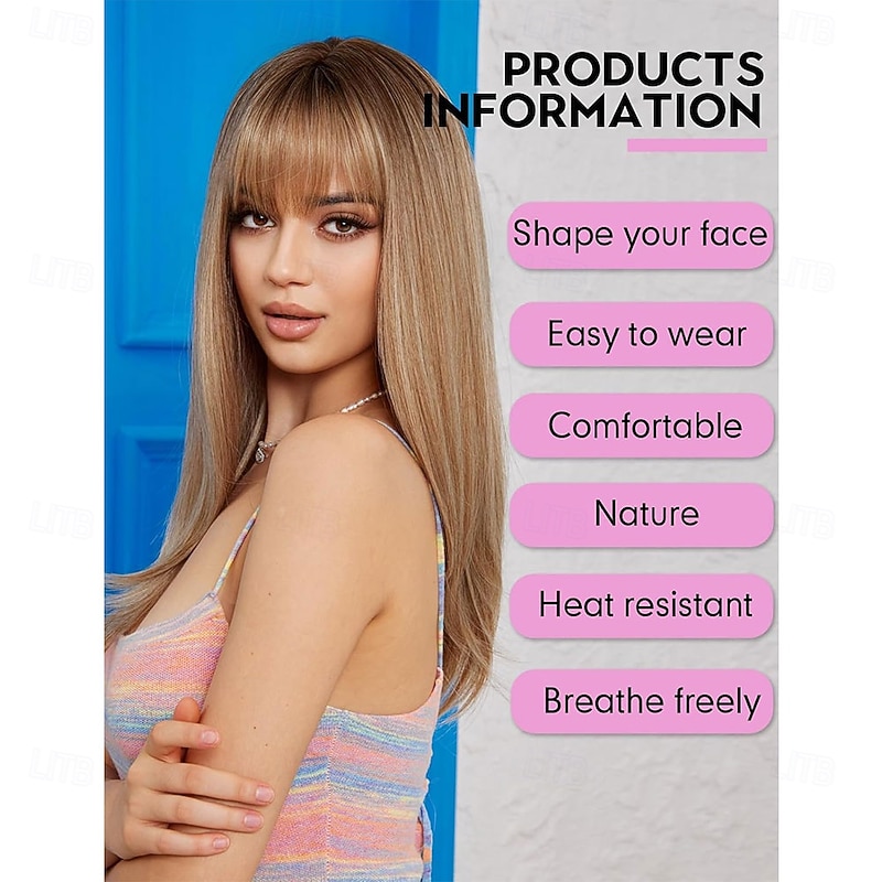 Long Straight Wigs for Women with Fringe Layered Synthetic Ash Blonde with Dark Roots Color Wigs for Women4