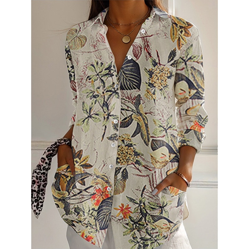 Women's Boho Shirt Cotton Linen Shirts Button Up Blouse Floral Geometric Basic Casual Long Sleeve Shirt Royal Blue Purple Khaki Toile Home Party Elegant Neutral Daily Shirt Collar Loose Fit S2