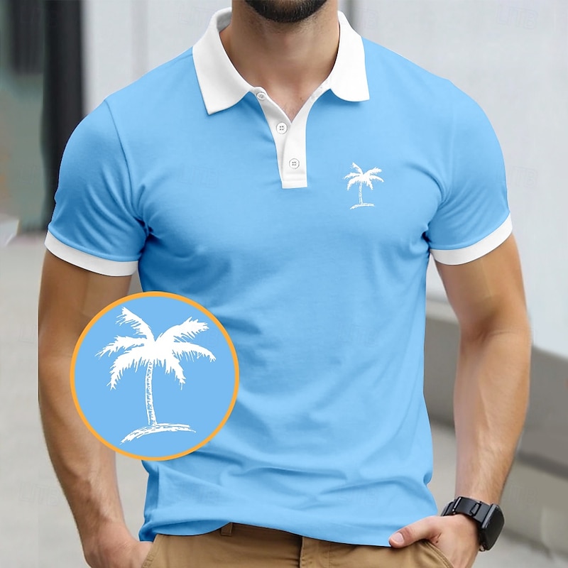 Men's Palm Tree Polo Short Sleeve Polo Shirts Collared Shirts Resort Daily Wear Vacation Wear 3D Print Summer Black Yellow Navy Blue
