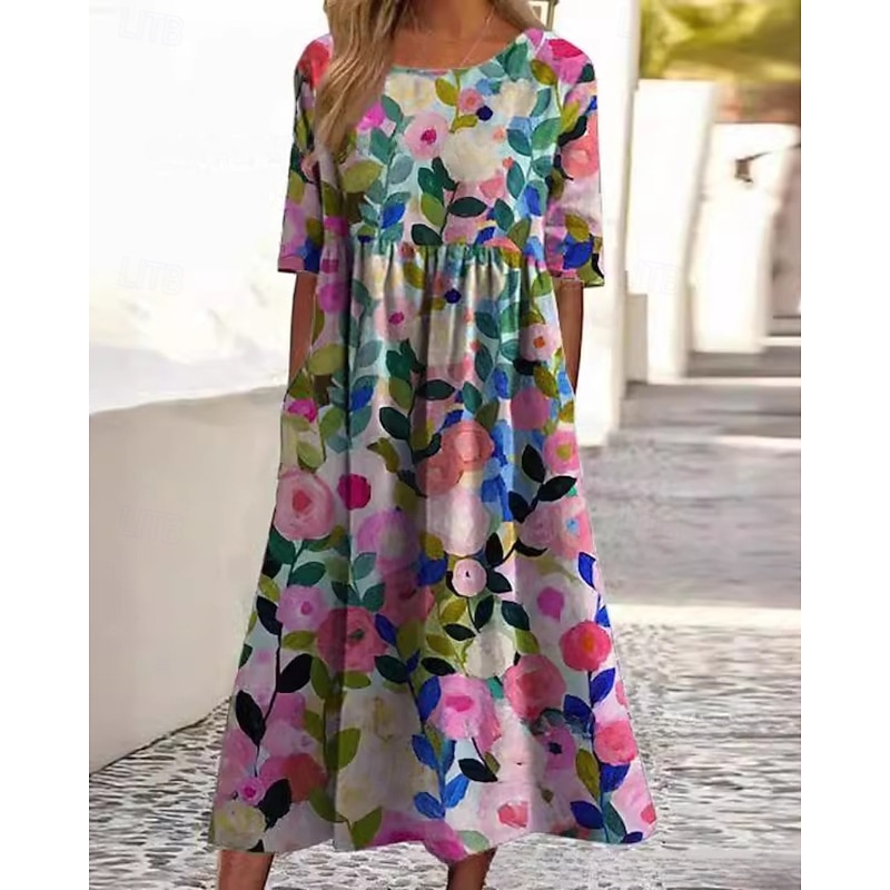 Women's Midi Dress Casual Dress Floral Dress Classic Modern Outdoor Daily Holiday Regular Fit Flower Short Sleeve Crew Neck Yellow Blue Fuchsia Apricot Fall3