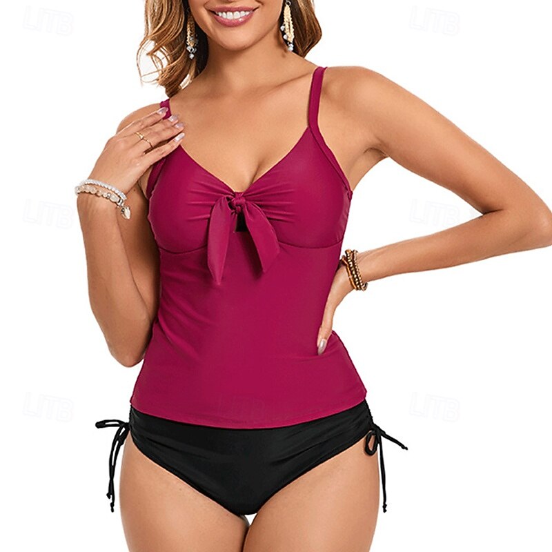 Women's Tankini Two Piece Swimsuit Racerback Swimwear Solid Colored Swimwear Black Wine Breathable Quick Dry Sleeveless - Swimming Surfing Snorkeling Summer4