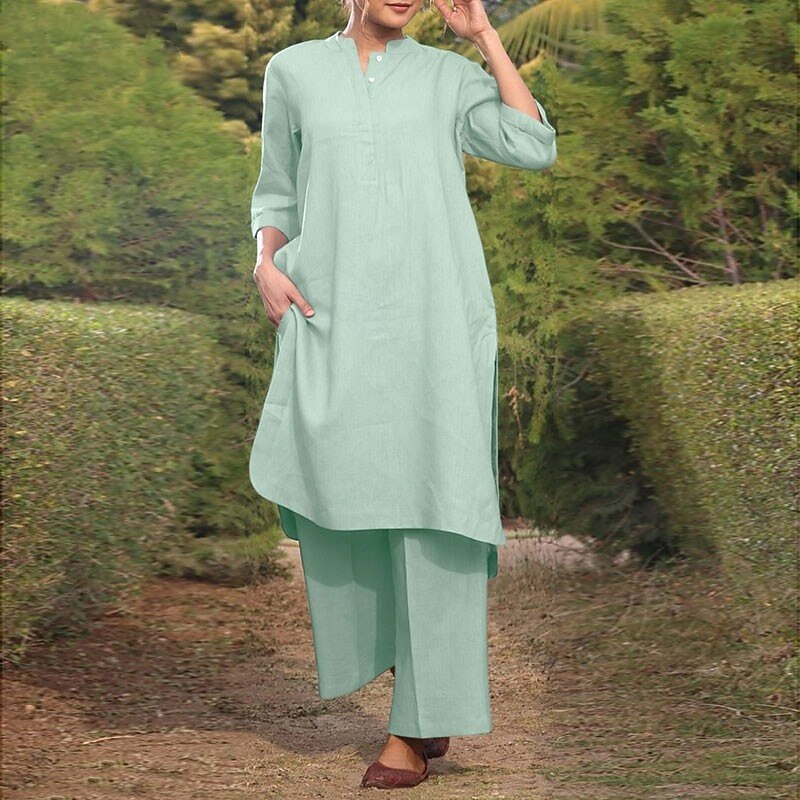 Women's Fashion Basic Cotton Linen Shirts Blouse Pants Sets Long Sleeve V Neck Solid Color Split Thigh Outdoor Casual Daily Light Green Army Green Dark Navy Summer Regular Fit