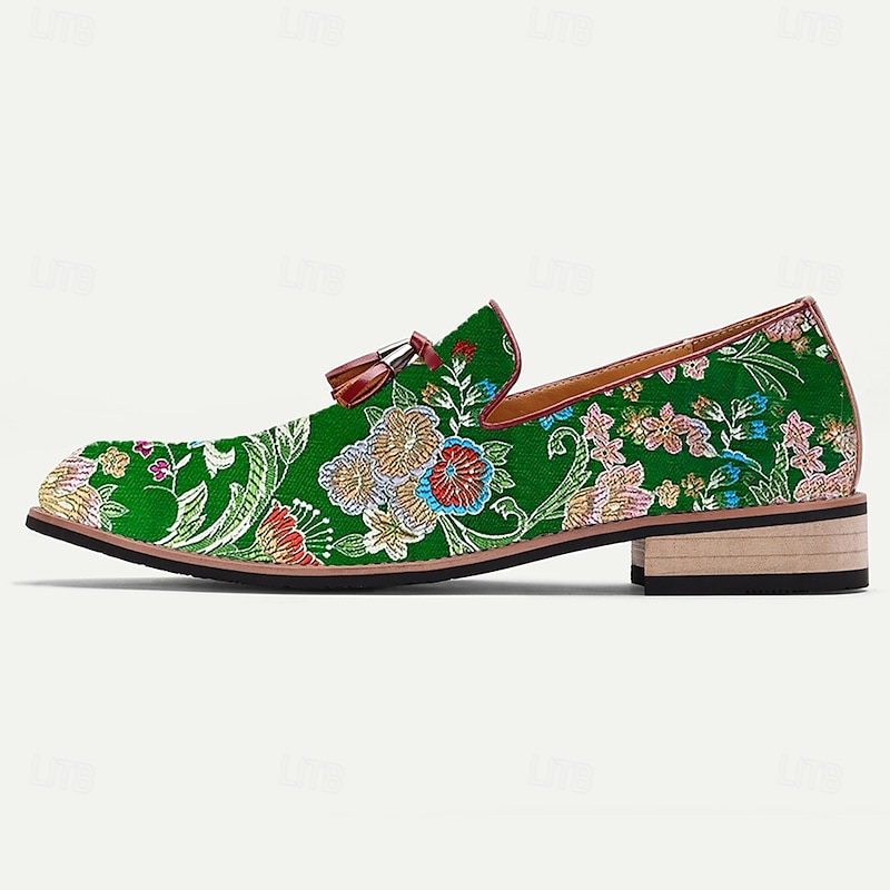 Men's Loafers Green Jacquard Fabric Slip-On Shoes with Floral Embroidery and Tassel Details for Casual and Semi-Formal Occasions3