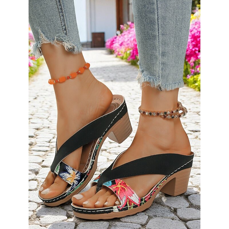 Women's Floral T-strap Sandals - Stylish Black and Floral Design with Comfortable Heel, Ideal for Casual Summer Outings and Garden Parties4
