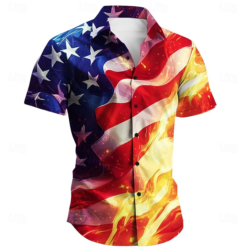 Independence Day Men's Flame US Flag Patriotic Shirt Summer Shirt Button Up Shirt Short Sleeve Fashion Casual Holiday Festival Summer Spring Turndown 3D Print Collared Shirts Blue