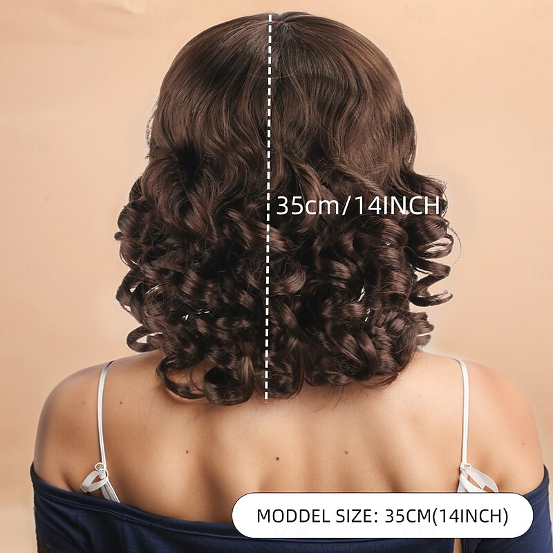 Synthetic Wig Curly Wavy Layered Haircut With Bangs Machine Made Wig 14 inch A1 Synthetic Hair Women's Elastic Classic Comfortable Brown3