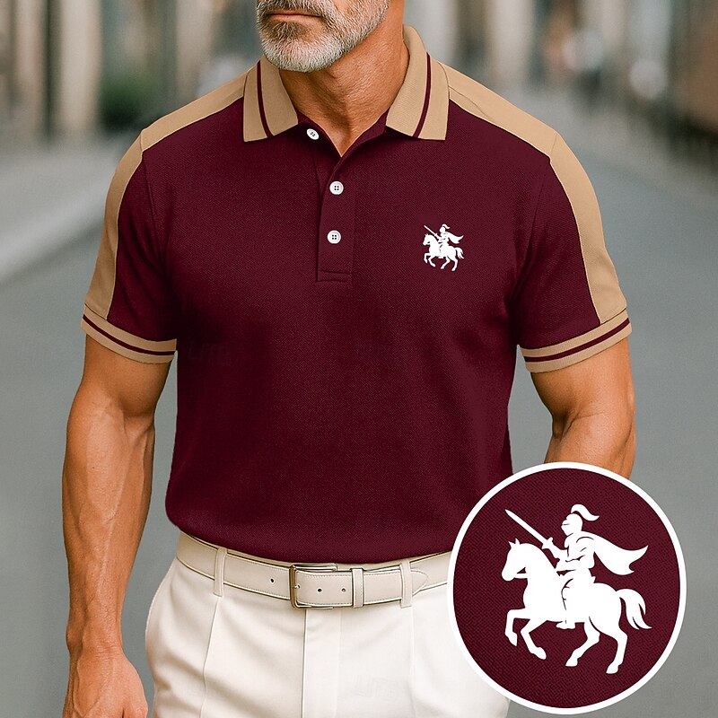 Men's Cotton Polo Shirt Golf Shirt Business Lapel Short Sleeve Fashion Basic Color Block Patchwork Embroidered Summer claret Black Green ash-colored Deep Blue Light Blue Cotton Polo Shirt