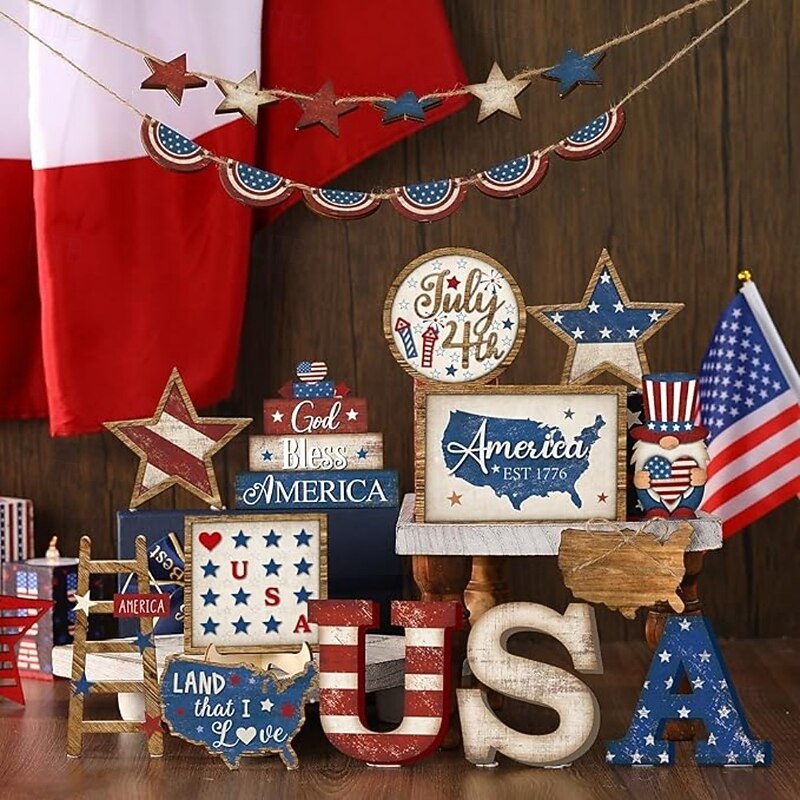 Patriotic Tiered Tray Decor Set for 4th of July and Memorial Day, Rustic Wooden Red White Blue Signs, Vintage Farmhouse Independence Day Table Decorations, Glow Americana Party Decor3