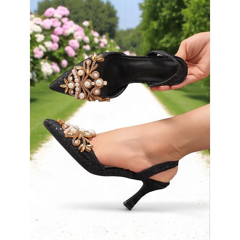 Women's Black Satin Slingback Heels with Pearl Detailing - Stylish Heels for Cocktail Parties and Night Events3
