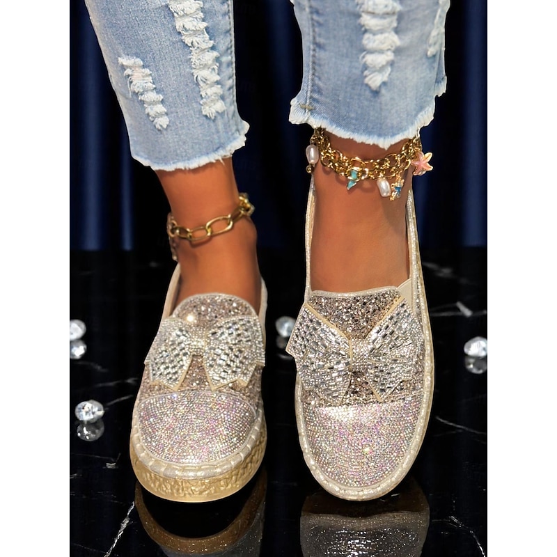 Women's Silver Glitter Platform Slip-On Shoes— Rhinestone Embellished, Cushioned Sole, Party-Ready Sparkle for Night Out, Festivals and Concerts