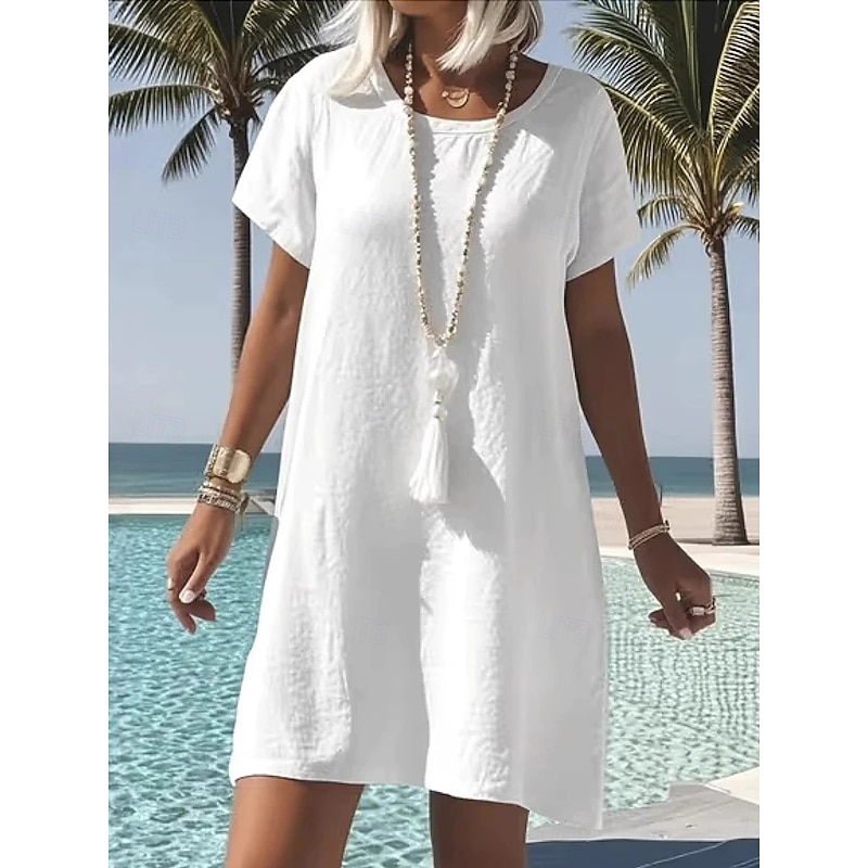 Women's Mini Dress White Dress Cotton Linen Dress Vacation Casual Holiday Form Fit Plain Short Sleeve Crew Neck White Light Blue Summer Spring2