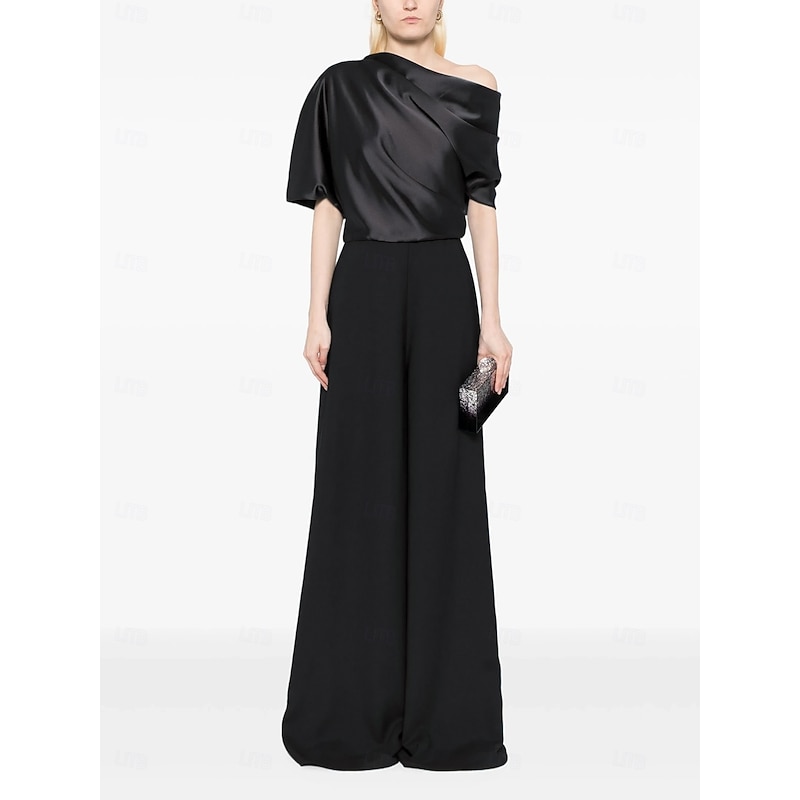 Jumpsuit Mother of the Bride Dress Wedding Guest Simple Minimalist One Shoulder Floor Length Satin Stretch Fabric Short Sleeve with Ruched4