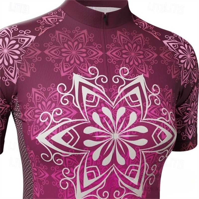 Women's Cycling Jersey Flower Short Sleeve Bike Tee Tshirt Jersey Top with 3 Rear Pockets Mountain Bike MTB Road Bike Cycling Quick Dry Reflective Strips Moisture Wicking Breathable Sports Rose Red3
