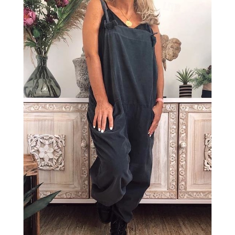 Women's Normal Cotton Linen Pants Streetwear Solid Color Sleeveless U Neck Pocket Street Daily Regular Fit Black Navy Blue Khaki Summer4