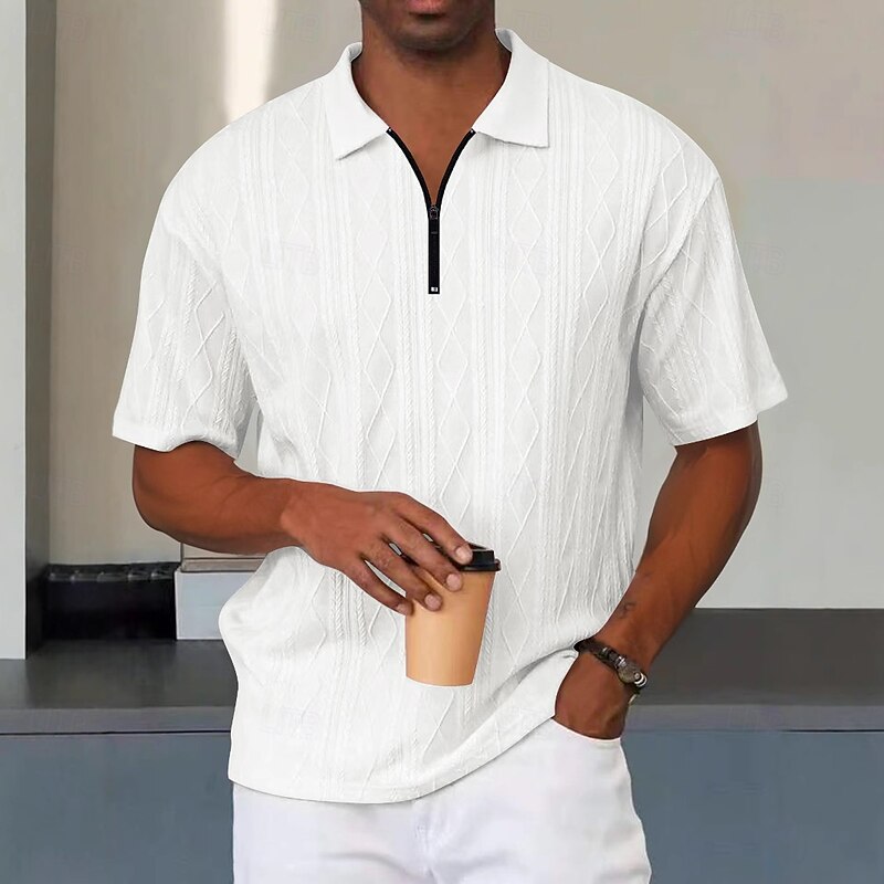 Men's Zip Polo Golf Shirt Casual Holiday Lapel Quarter Zip Short Sleeve Vintage Fashion Plain Quarter Zip Summer Regular Fit Light Blue Black White Gray Zip Polo4
