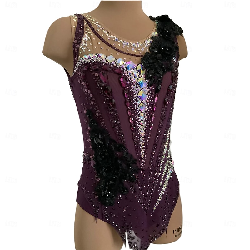Rhythmic Gymnastics Leotard Women's Girls' Ice Skating Gymnastics Leotard Dark Purple Thumbhole Halo Dyeing High Elasticity Professional Competition Skating Wear Crystal / Rhinestone Sleeveless Ice Skating3