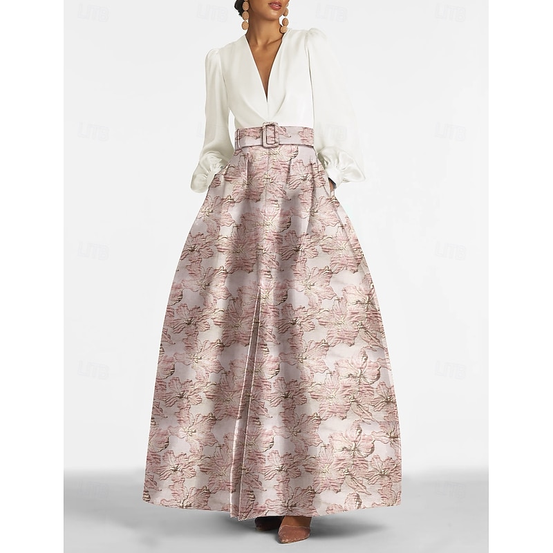 A-Line Evening Gown Elegant Dress Formal Wedding Floor Length Long Sleeve V Neck Pocket Nylon with Floral Print Pocket Race Day Dress Wedding Guest Dress4