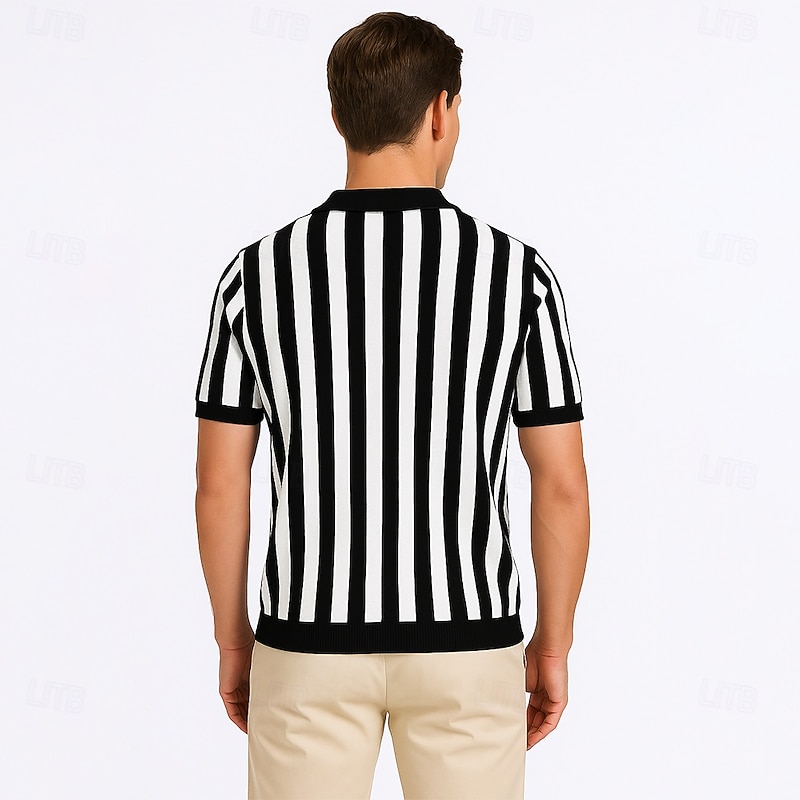 Men's Polo Business Casual Turndown Short Sleeve Mesh Vertical Stripes V Neck Soft Summer Spring Fall Maroon Depression Green Black Dark Coffee Polo2