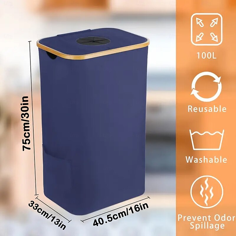 Recycling Bin for Kitchen Indoor Home, 100L/26.5 Gallon Foldable Trash Can with Bamboo Frame, Removable Inner Bags, Oxford Fabric, Round Top Opening, Waste Sorter for Closet Hotel Use2