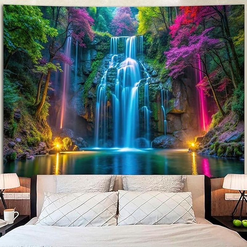 Blacklight Tapestry Glow in the Dark Glow Party UV Reactive Waterfall Trippy Mountain Misty Nature Landscape Hanging Tapestry Wall Art Mural for Living Room Bedroom4
