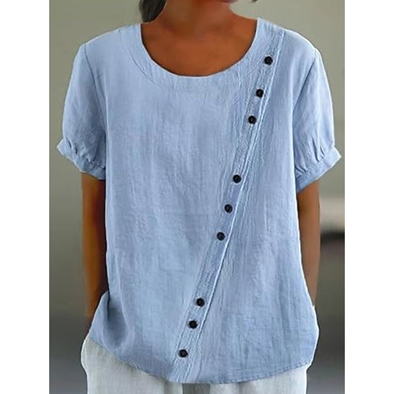 Women's Blouse Solid Color Elegant Casual Short Sleeve Crew Neck Regular Tops Daily Holiday Buttons Yellow Pink Blue Summer