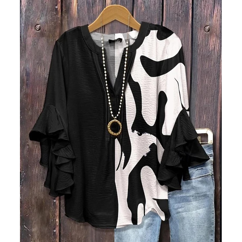 Women's Blouse V Neck Graphic Geometric Bohemia Vintage Daily 3/4 Length Sleeve Regular Tops Daily Holiday Vacation Wear Print Black White Yellow Green Khaki Summer Spring Fall2