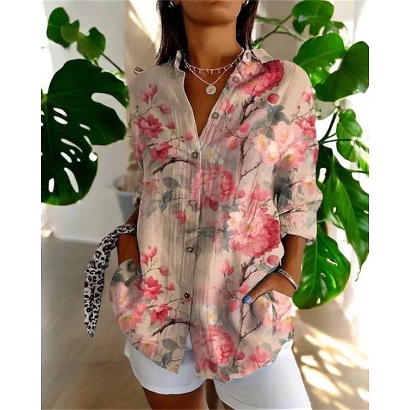 Women's Shirt Flower Daily Stylish Basic Long Sleeve V Neck Regular Tops Daily Holiday Print Pink Beige Rose Pink Spring Fall