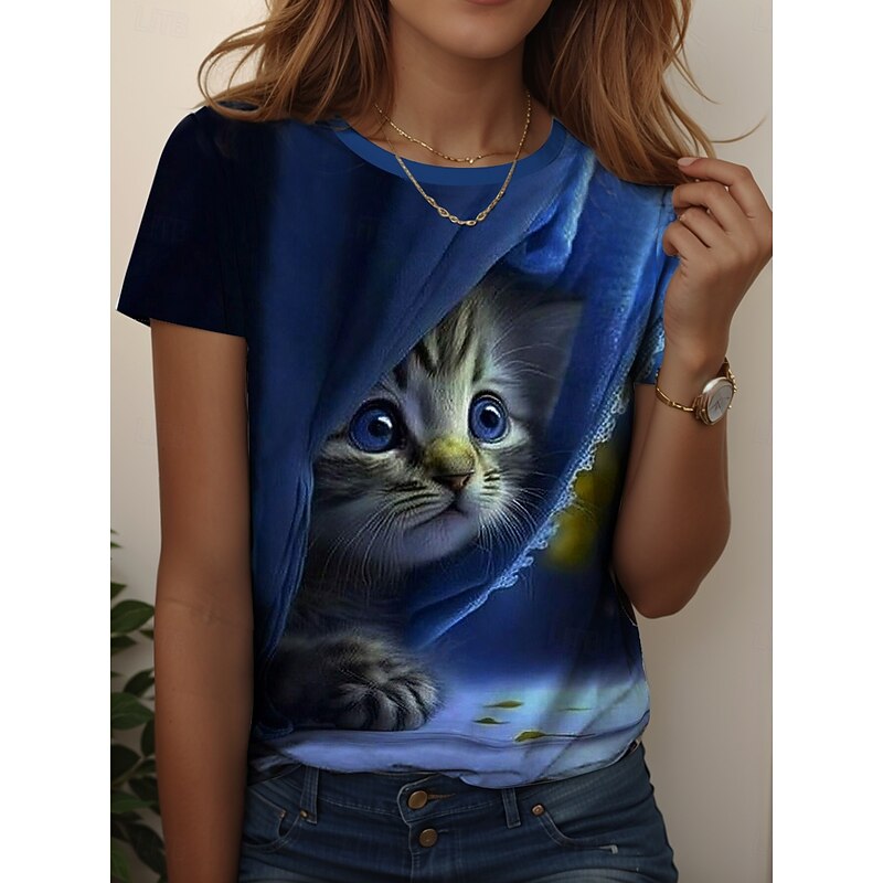 Women's T Shirt Graphic Animal Cat Vintage Stylish Classic Short Sleeve Crew Neck Regular Tops Daily Weekend Print Blue Purple Green Summer Spring