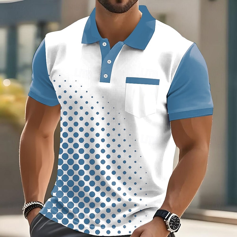 Male Geometic Polo Short Sleeve Turndown Business Sports & Outdoor Business Athleisure Buttons Pocket Summer Robin's Egg Blue Black Green2