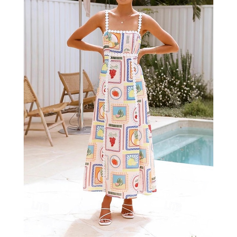 Women's Long Dress Maxi Dress Cotton Linen Dresses Casual Dress Fashion Outdoor Party Holiday Regular Fit Fruit Sleeveless Spaghetti Strap Beige Summer2