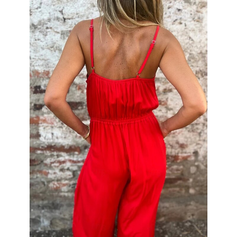 Women's Normal Jumpsuit Streetwear Solid Color Sleeveless Crew Neck Pocket Drawstring Street Daily Regular Fit Black Fuchsia Gold Summer4