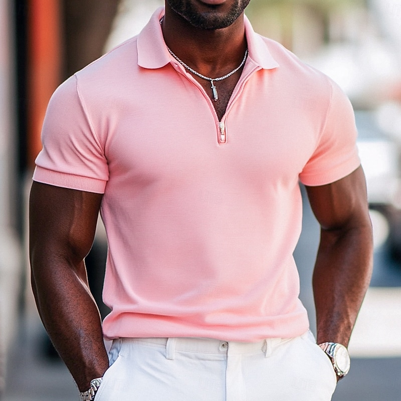 Men's Quarter Zip Polo Street Casual Half Zip Short Sleeve Fashion Solid Color Zipper Summer White Pink Navy Blue Green Quarter Zip Polo