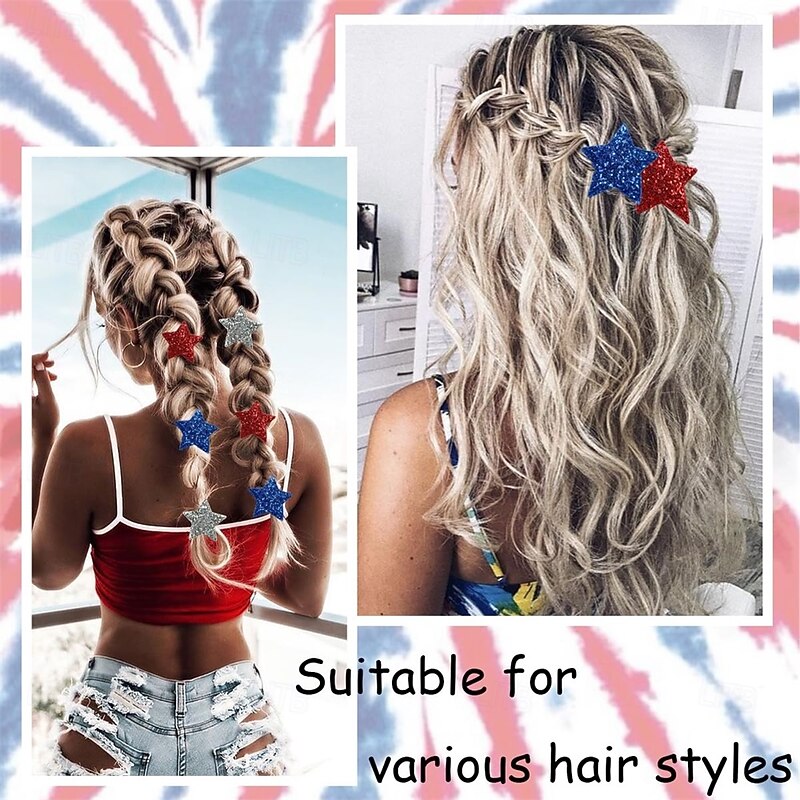 6Pcs 4th of July Hair Clips for Women Red White Blue Star Snap Hair Accessories with Glitter Patriotic Hair Clip Independence Day Flat Hair Barrettes for Holiday Party Hair Decoration4