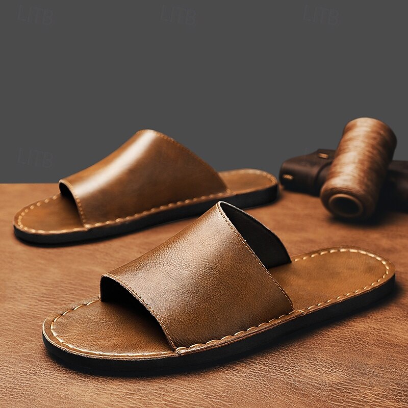 Men's Brown Faux Leather Slide Sandals with Minimalist Design Slip-On Comfort for Adults Perfect for Indoor Relaxation Casual Daily Wear Hotel Spa Use3