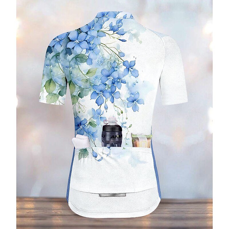Women's Cycling Jersey Graphic Gradient Floral Botanical Short Sleeve Bike Jersey Top with 3 Rear Pockets Sunscreen UV Resistant Quick Dry Reflective Strips Sports Blue Clothing Apparel2